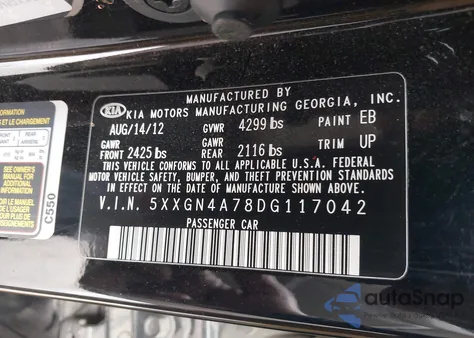 2013 Kia Optima Ex z USA, uszkodzony, nr VIN 5XXGN4A78DG117042